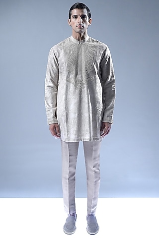 Blossom Pink Viscose Dupion Embroidered Kurta Set by Rohit Gandhi & Rahul Khanna Men