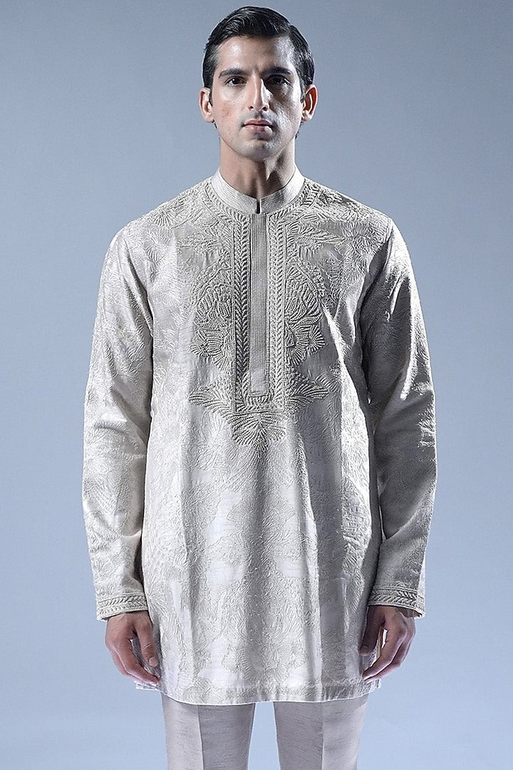 Blossom Pink Viscose Dupion Embroidered Kurta Set by Rohit Gandhi & Rahul Khanna Men at Pernia's Pop Up Shop