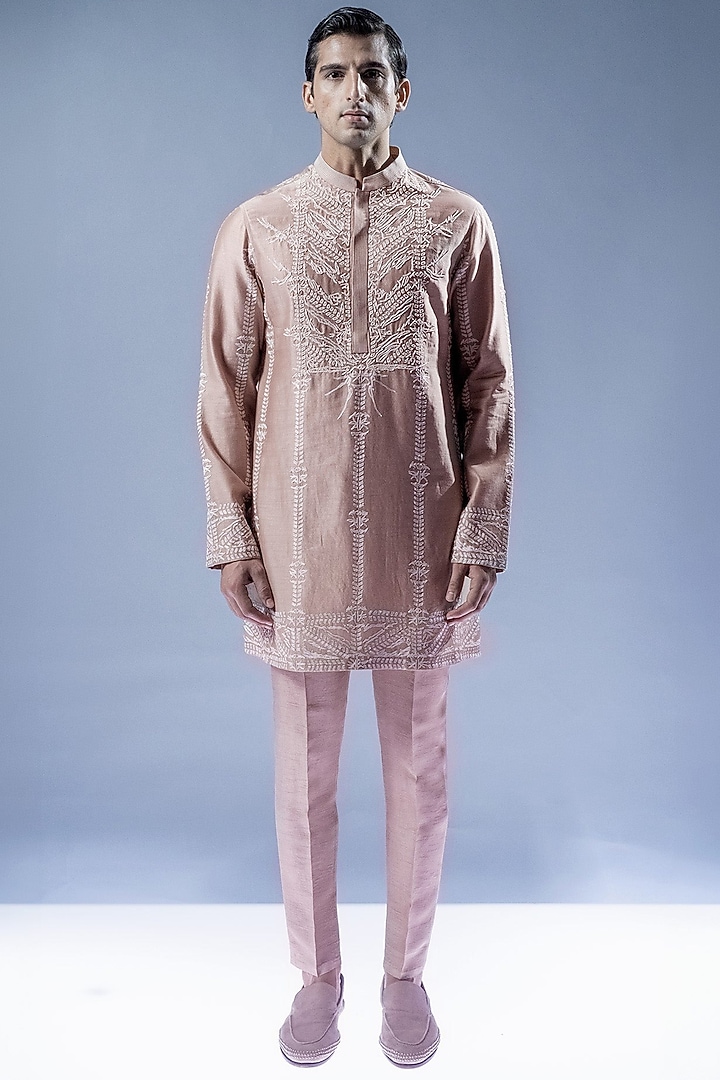 Champagne Beige Viscose Dupion Thread Embroidered Kurta Set by Rohit Gandhi & Rahul Khanna Men at Pernia's Pop Up Shop
