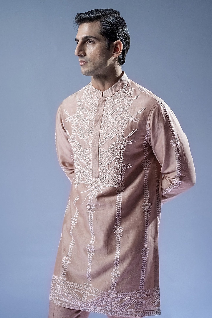 Champagne Beige Viscose Dupion Thread Embroidered Kurta Set by Rohit Gandhi & Rahul Khanna Men at Pernia's Pop Up Shop