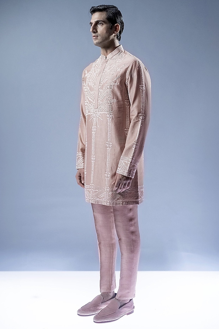 Champagne Beige Viscose Dupion Thread Embroidered Kurta Set by Rohit Gandhi & Rahul Khanna Men at Pernia's Pop Up Shop