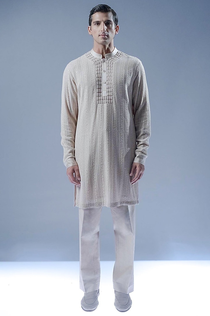 Sandstone Chikankari Embroidered Straight Kurta Set by Rohit Gandhi & Rahul Khanna Men at Pernia's Pop Up Shop