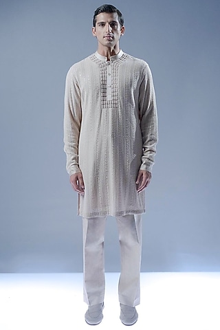 Sandstone Chikankari Embroidered Straight Kurta Set by Rohit Gandhi & Rahul Khanna Men