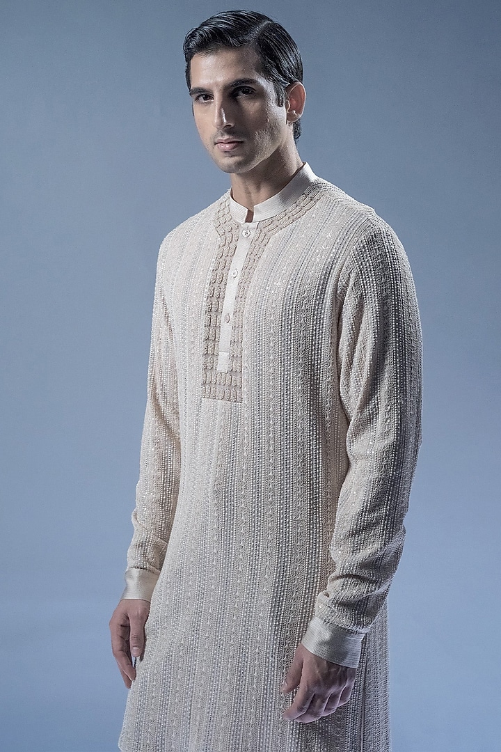 Sandstone Chikankari Embroidered Straight Kurta Set by Rohit Gandhi & Rahul Khanna Men at Pernia's Pop Up Shop