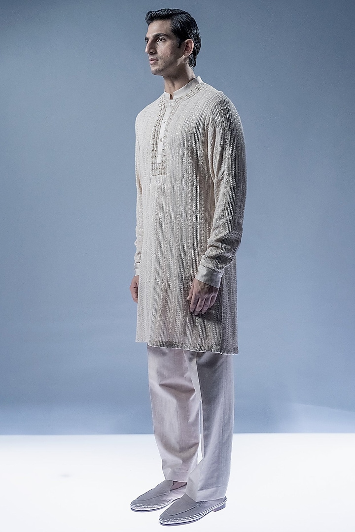 Sandstone Chikankari Embroidered Straight Kurta Set by Rohit Gandhi & Rahul Khanna Men at Pernia's Pop Up Shop