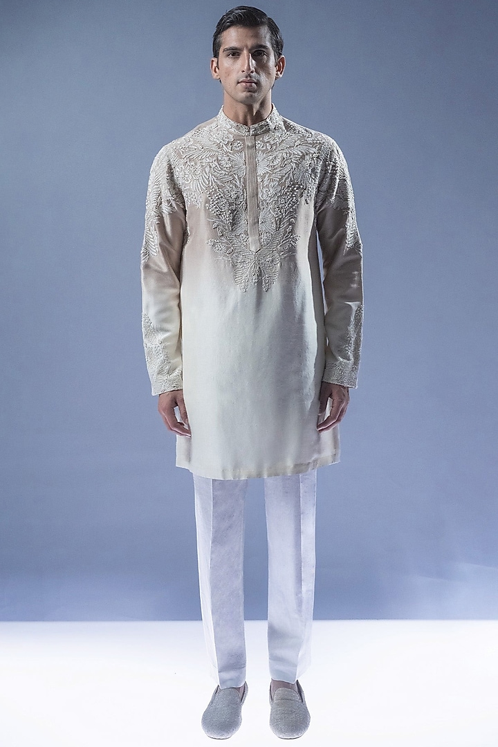 Mist Ombre Viscose Dupion Embroidered Kurta Set by Rohit Gandhi & Rahul Khanna Men at Pernia's Pop Up Shop