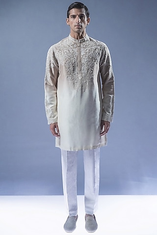 Mist Ombre Viscose Dupion Embroidered Kurta Set by Rohit Gandhi & Rahul Khanna Men