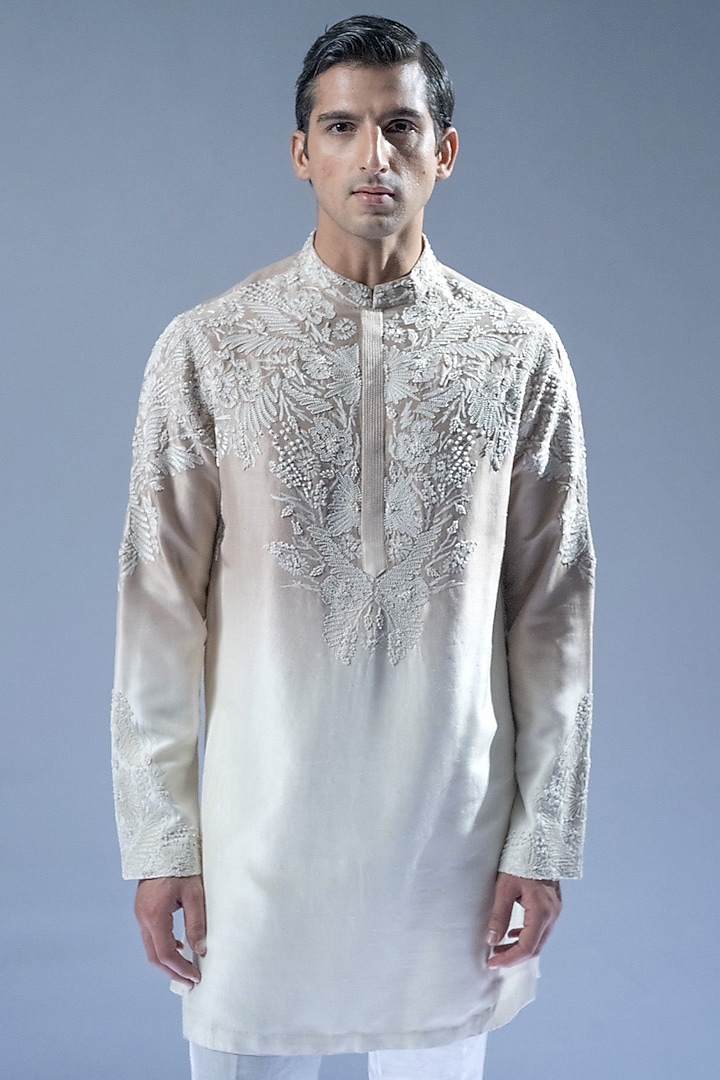 Mist Ombre Viscose Dupion Embroidered Kurta Set by Rohit Gandhi & Rahul Khanna Men at Pernia's Pop Up Shop