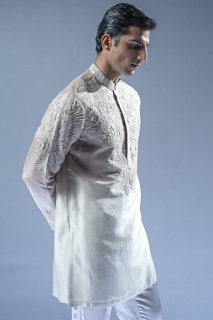 Mist Ombre Viscose Dupion Embroidered Kurta Set by Rohit Gandhi & Rahul Khanna Men at Pernia's Pop Up Shop