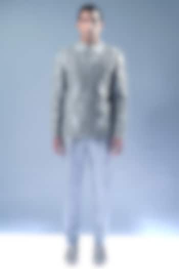 Grey Glacier Viscose Dupion Embroidered Groom Bandhgala Set by Rohit Gandhi & Rahul Khanna Men at Pernia's Pop Up Shop