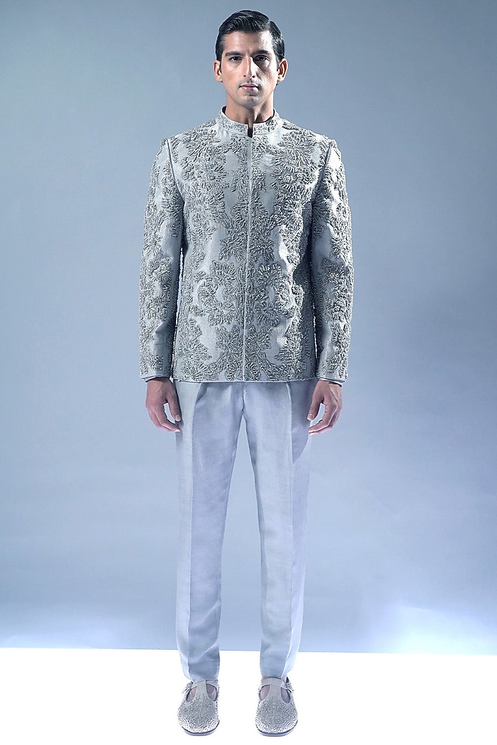 Grey Glacier Viscose Dupion Embroidered Groom Bandhgala Set by Rohit Gandhi & Rahul Khanna Men at Pernia's Pop Up Shop