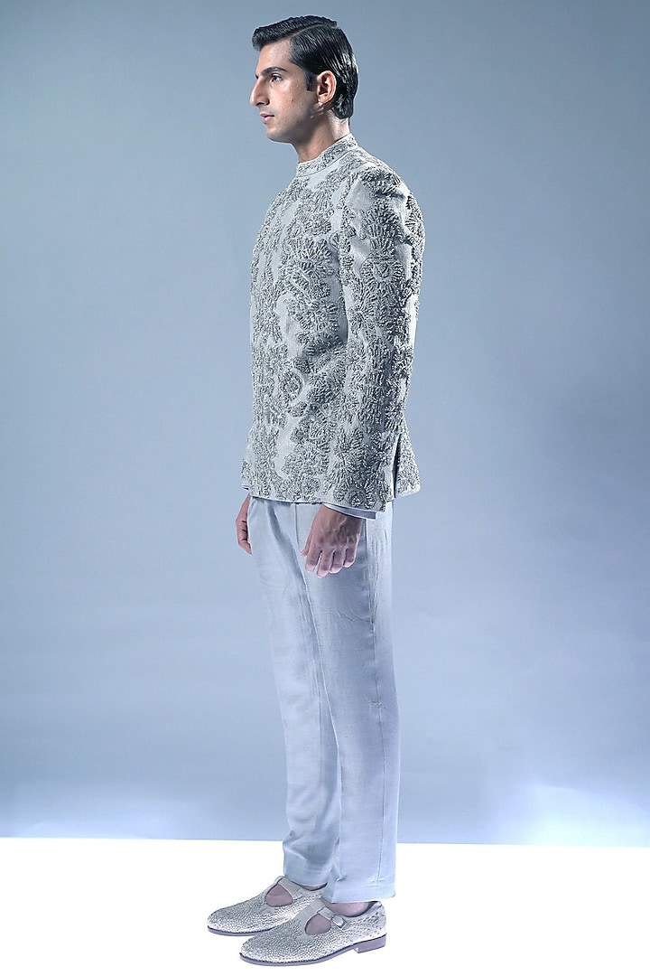 Grey Glacier Viscose Dupion Embroidered Groom Bandhgala Set by Rohit Gandhi & Rahul Khanna Men at Pernia's Pop Up Shop