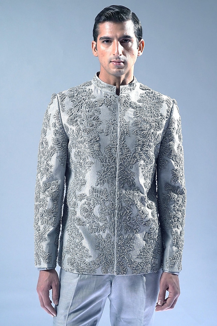 Grey Glacier Viscose Dupion Embroidered Groom Bandhgala Set by Rohit Gandhi & Rahul Khanna Men at Pernia's Pop Up Shop