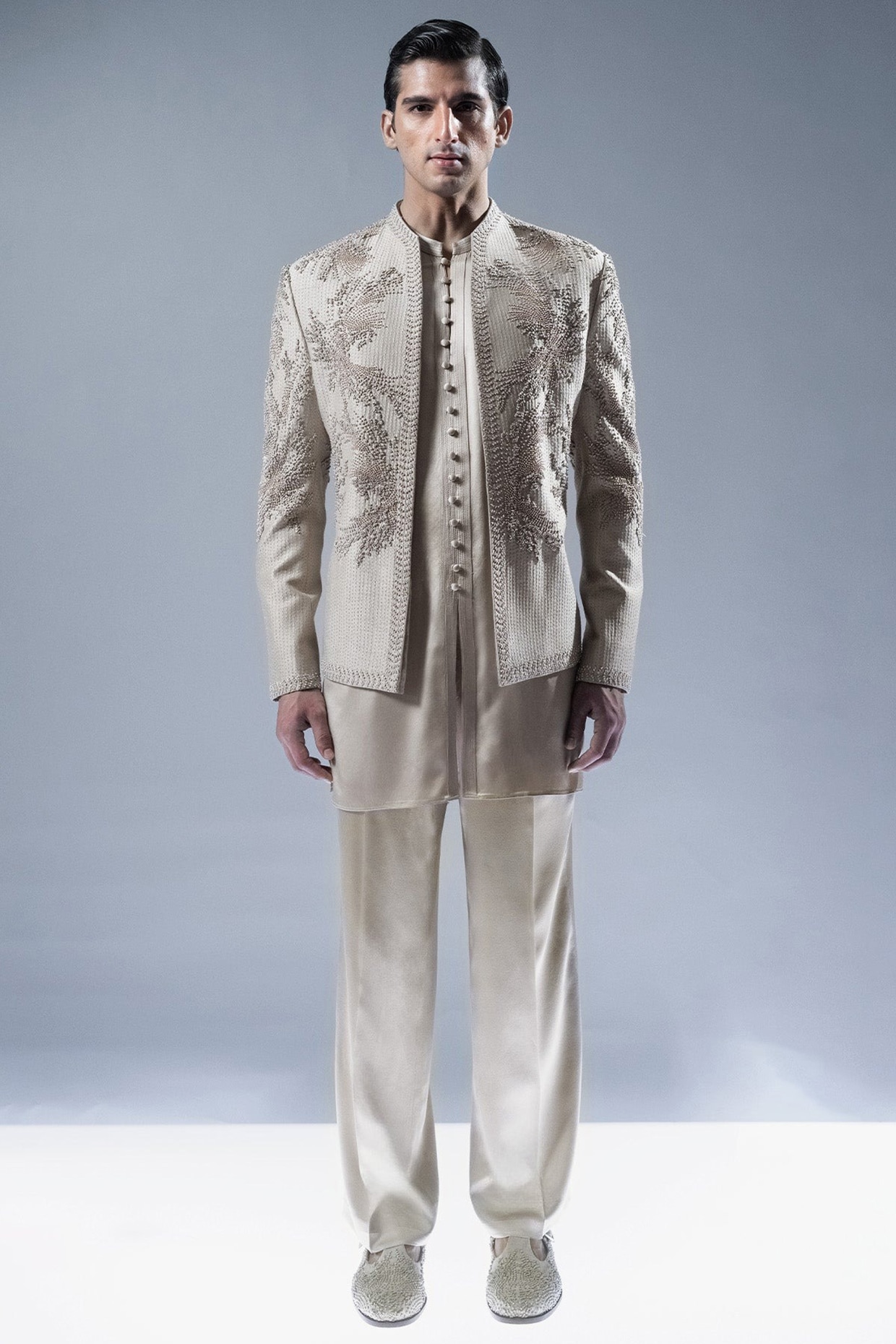 Rohit Gandhi & Rahul Khanna Sandstone Viscose Dupion Embroidered Bandhgala Set
