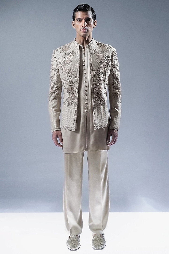 Sandstone Viscose Dupion Embroidered Groom Bandhgala Set by Rohit Gandhi & Rahul Khanna Men at Pernia's Pop Up Shop