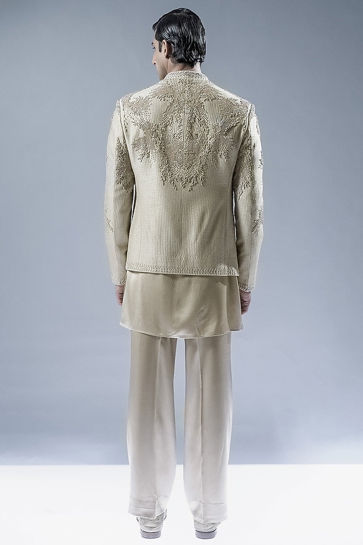 Sandstone Viscose Dupion Embroidered Groom Bandhgala Set by Rohit Gandhi & Rahul Khanna Men at Pernia's Pop Up Shop