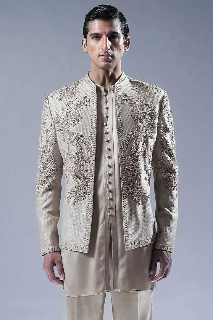Sandstone Viscose Dupion Embroidered Groom Bandhgala Set by Rohit Gandhi & Rahul Khanna Men at Pernia's Pop Up Shop