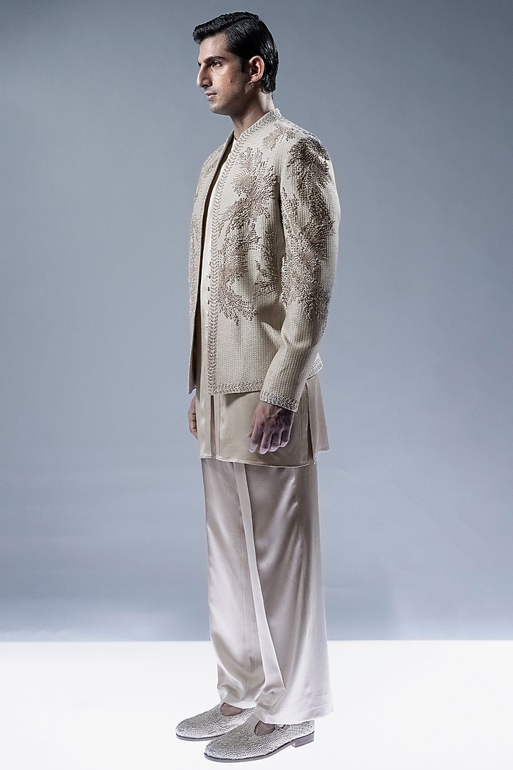 Sandstone Viscose Dupion Embroidered Groom Bandhgala Set by Rohit Gandhi & Rahul Khanna Men at Pernia's Pop Up Shop
