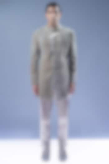 Sandstone Velvet Embroidered Groom Sherwani Set by Rohit Gandhi & Rahul Khanna Men at Pernia's Pop Up Shop
