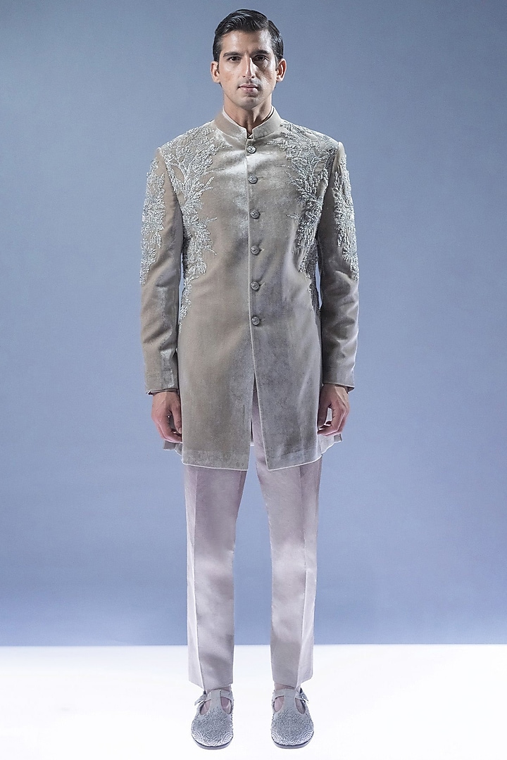 Sandstone Velvet Embroidered Groom Sherwani Set by Rohit Gandhi & Rahul Khanna Men at Pernia's Pop Up Shop