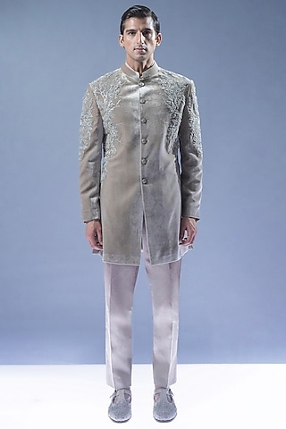 Sandstone Velvet Embroidered Sherwani Set by Rohit Gandhi & Rahul Khanna Men