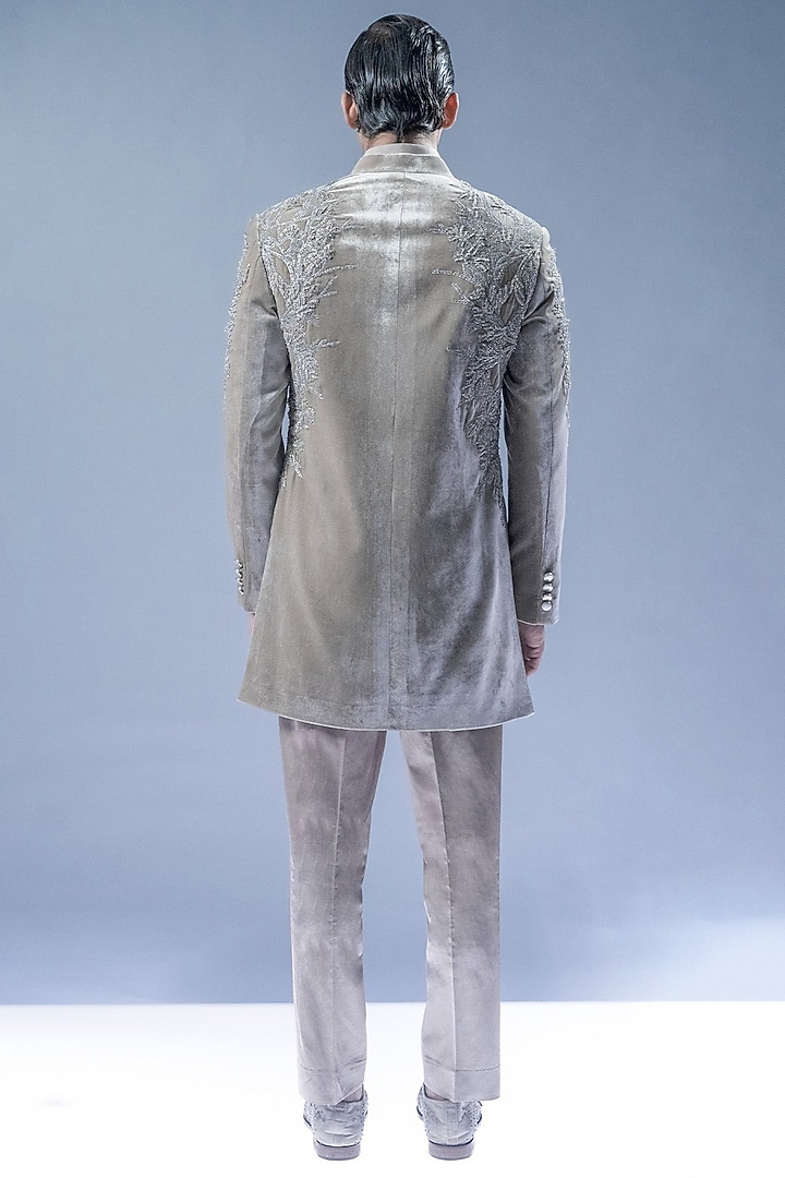 Sandstone Velvet Embroidered Groom Sherwani Set by Rohit Gandhi & Rahul Khanna Men at Pernia's Pop Up Shop