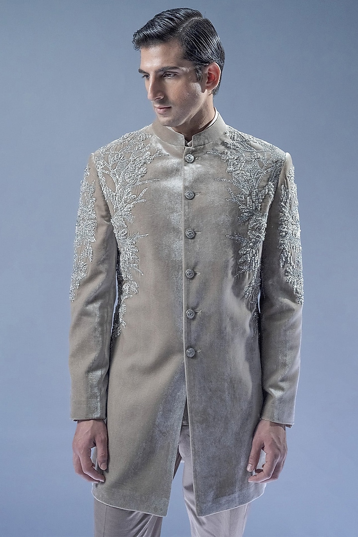 Sandstone Velvet Embroidered Groom Sherwani Set by Rohit Gandhi & Rahul Khanna Men at Pernia's Pop Up Shop