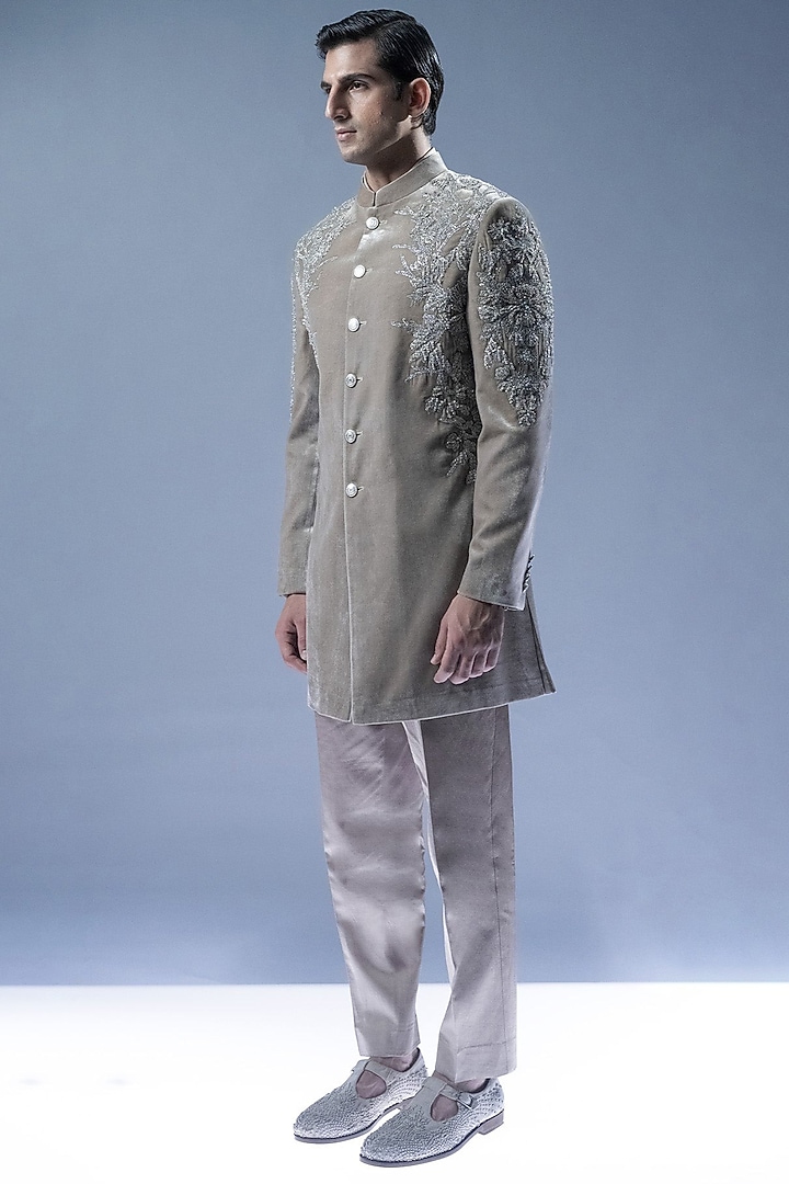 Sandstone Velvet Embroidered Groom Sherwani Set by Rohit Gandhi & Rahul Khanna Men at Pernia's Pop Up Shop