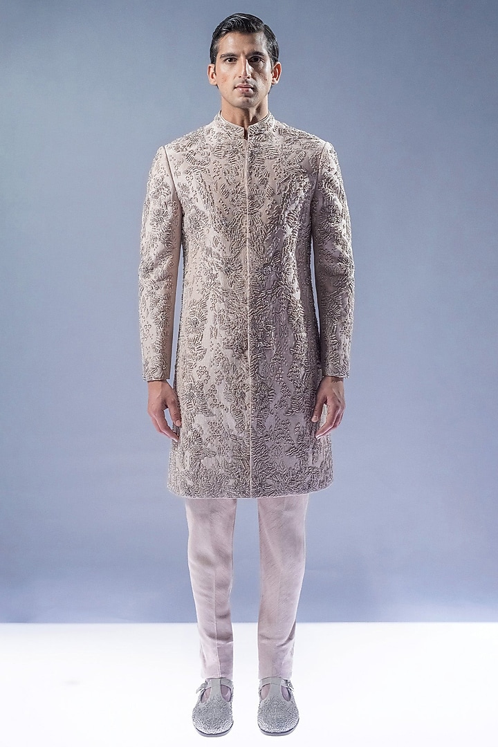 Cream Beige Viscose Dupion Embroidered Groom Sherwani Set by Rohit Gandhi & Rahul Khanna Men at Pernia's Pop Up Shop
