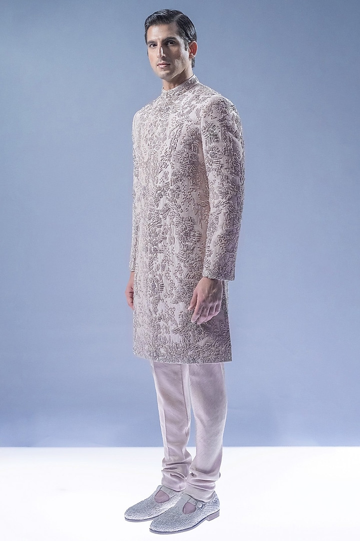 Cream Beige Viscose Dupion Embroidered Groom Sherwani Set by Rohit Gandhi & Rahul Khanna Men at Pernia's Pop Up Shop