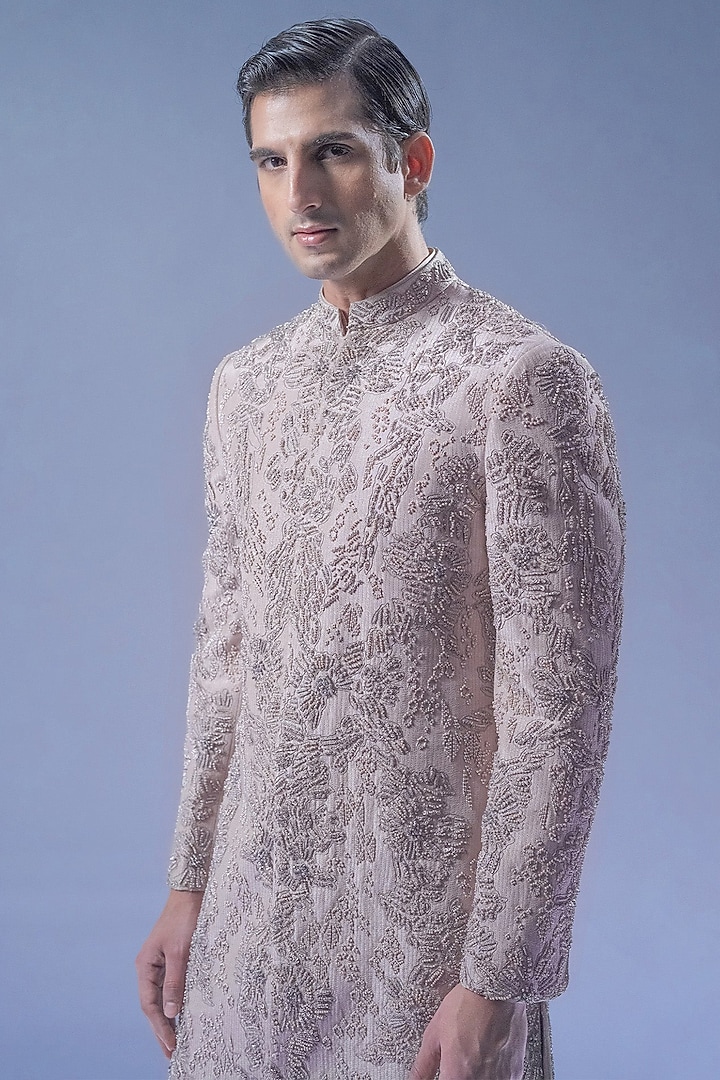 Cream Beige Viscose Dupion Embroidered Groom Sherwani Set by Rohit Gandhi & Rahul Khanna Men at Pernia's Pop Up Shop