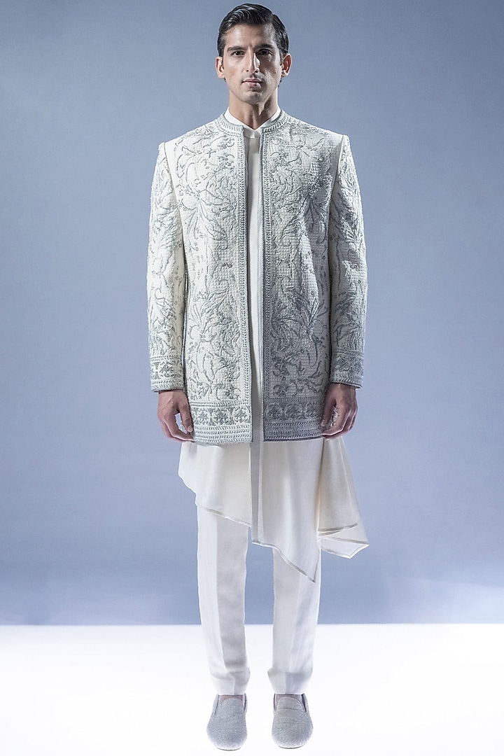 Ivory Viscose Dupion Embroidered Groom Sherwani Set by Rohit Gandhi & Rahul Khanna Men at Pernia's Pop Up Shop