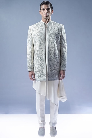 Ivory Viscose Dupion Embroidered Sherwani Set by Rohit Gandhi & Rahul Khanna Men