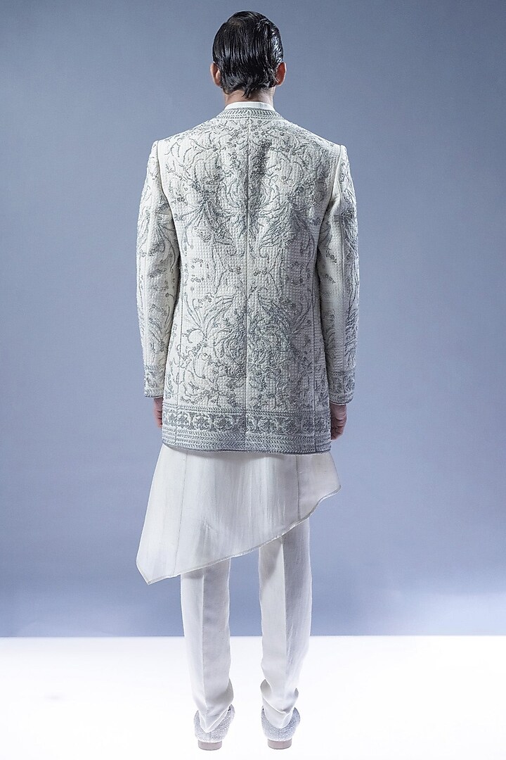 Ivory Viscose Dupion Embroidered Groom Sherwani Set by Rohit Gandhi & Rahul Khanna Men at Pernia's Pop Up Shop