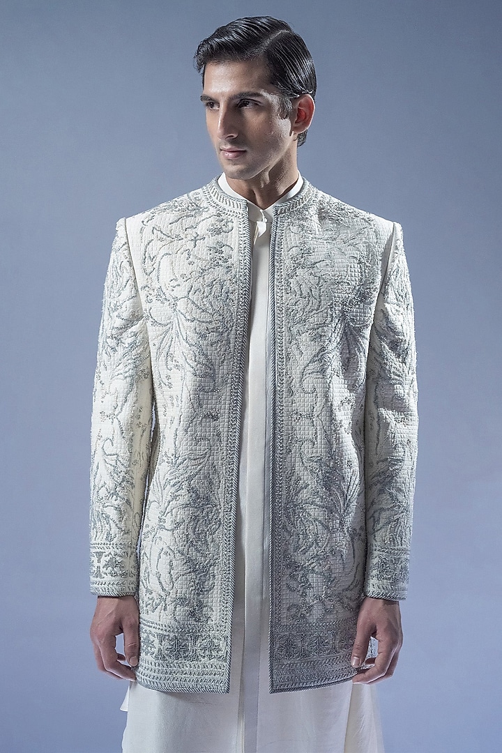 Ivory Viscose Dupion Embroidered Groom Sherwani Set by Rohit Gandhi & Rahul Khanna Men at Pernia's Pop Up Shop