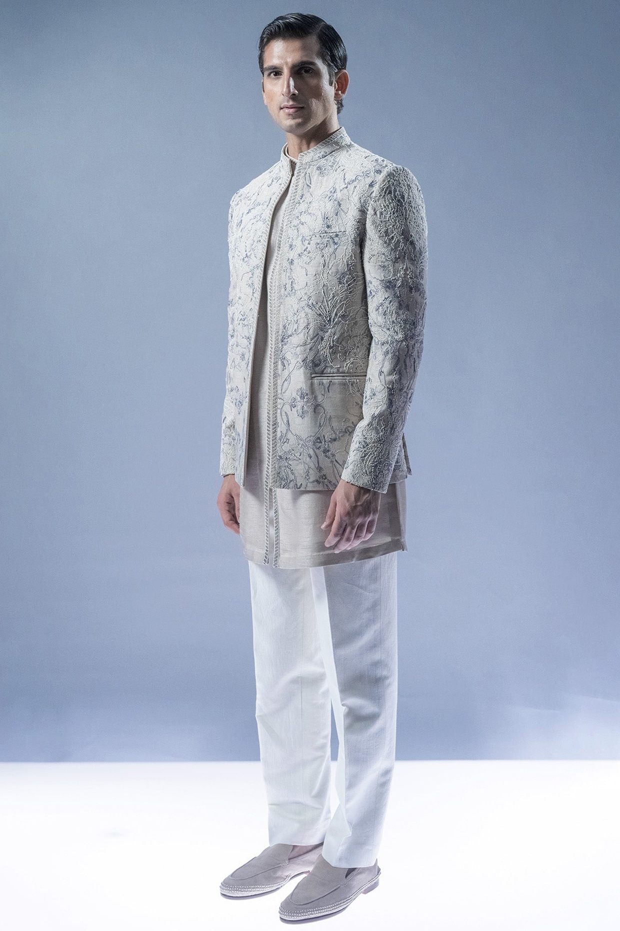 Rohit Gandhi & Rahul Khanna Silver Viscose & Dupion Motif Embroidered Sherwani Set