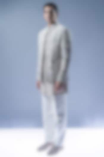 Silver Viscose & Dupion Motif Embroidered Groom Sherwani Set by Rohit Gandhi & Rahul Khanna Men at Pernia's Pop Up Shop