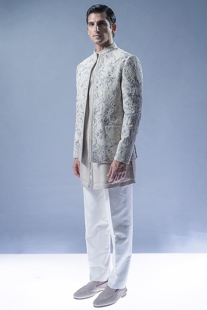 Silver Viscose & Dupion Motif Embroidered Groom Sherwani Set by Rohit Gandhi & Rahul Khanna Men at Pernia's Pop Up Shop
