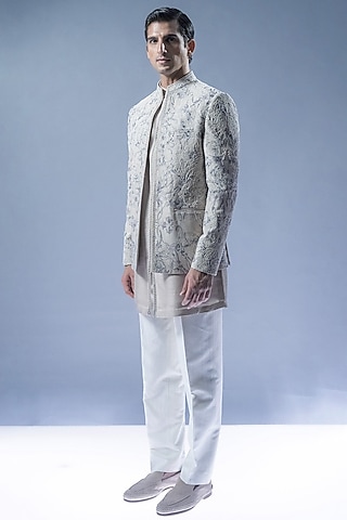 Silver Viscose & Dupion Motif Embroidered Sherwani Set by Rohit Gandhi & Rahul Khanna Men