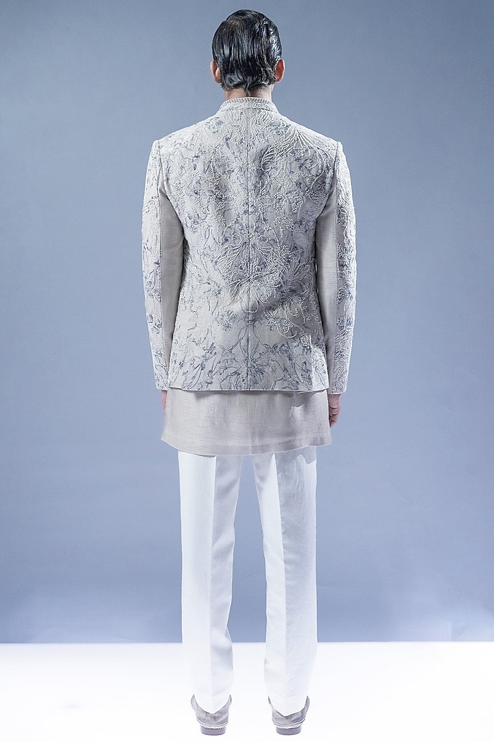 Silver Viscose & Dupion Motif Embroidered Groom Sherwani Set by Rohit Gandhi & Rahul Khanna Men at Pernia's Pop Up Shop