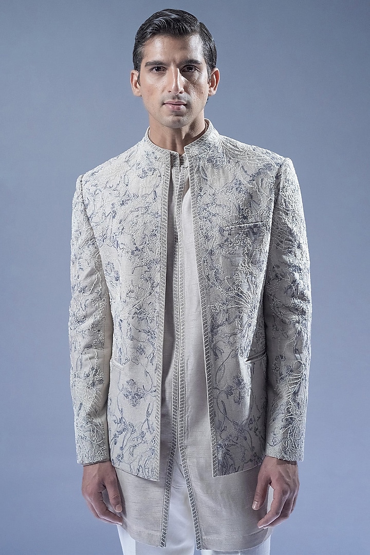 Silver Viscose & Dupion Motif Embroidered Groom Sherwani Set by Rohit Gandhi & Rahul Khanna Men at Pernia's Pop Up Shop
