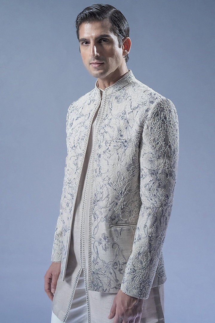 Silver Viscose & Dupion Motif Embroidered Groom Sherwani Set by Rohit Gandhi & Rahul Khanna Men at Pernia's Pop Up Shop