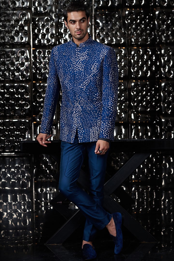 Turquoise Silver Lustre French-Knot Embroidered Bandhgala Jacket Set by Rohit Gandhi & Rahul Khanna Men