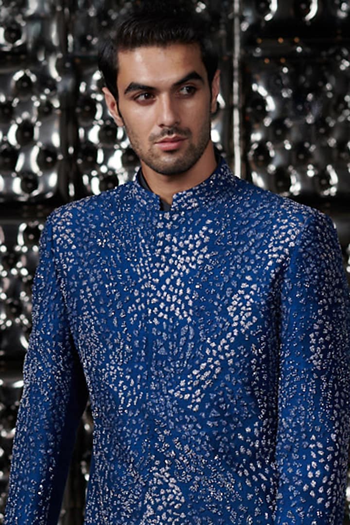 Turquoise Silver Lustre French-Knot Embroidered Groom Bandhgala Jacket Set by Rohit Gandhi & Rahul Khanna Men at Pernia's Pop Up Shop