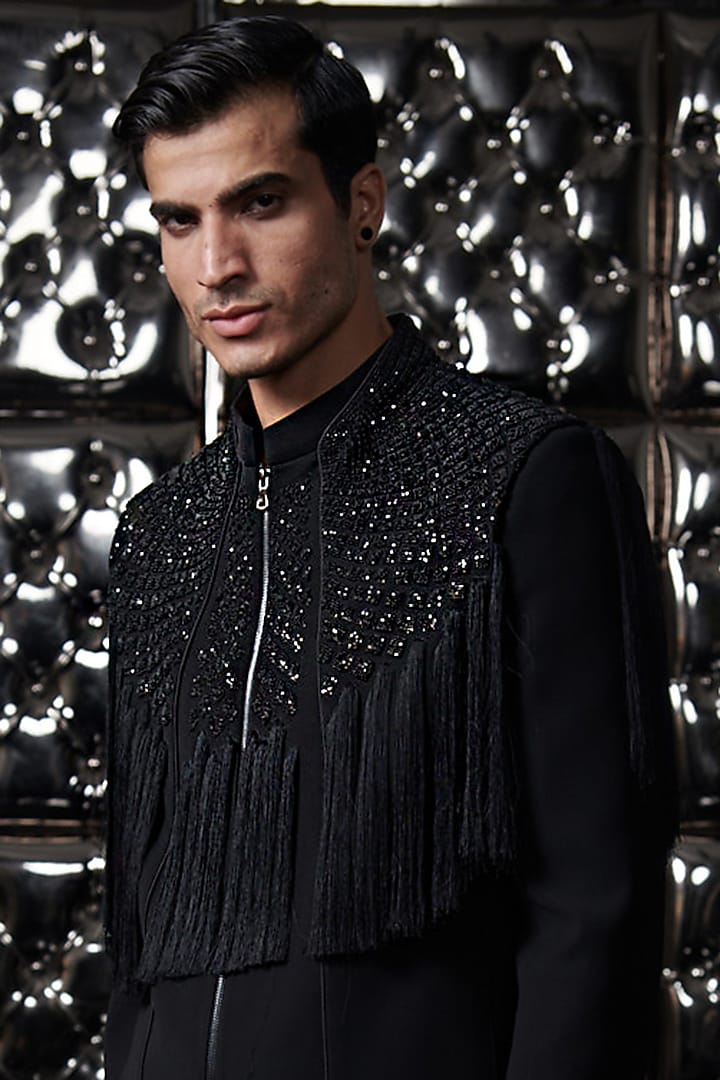 Black Beads Embroidered Groom Bandhgala Jacket Set by Rohit Gandhi & Rahul Khanna Men at Pernia's Pop Up Shop