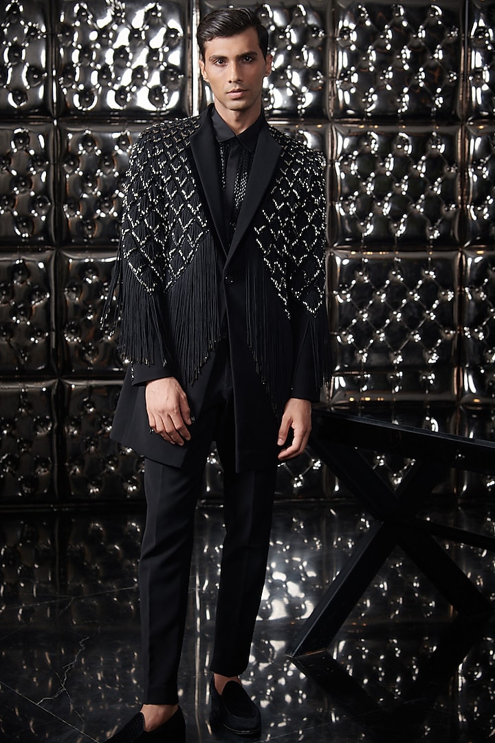 Black Jacket Set With Fringes by Rohit Gandhi & Rahul Khanna Men at Pernia's Pop Up Shop