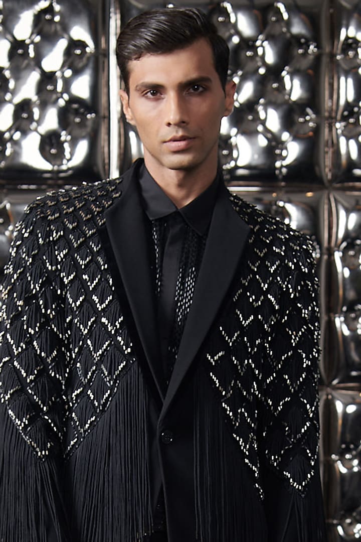 Black Polyester Silver Metallic Fringe Long Jacket Set by Rohit Gandhi & Rahul Khanna Men at Pernia's Pop Up Shop