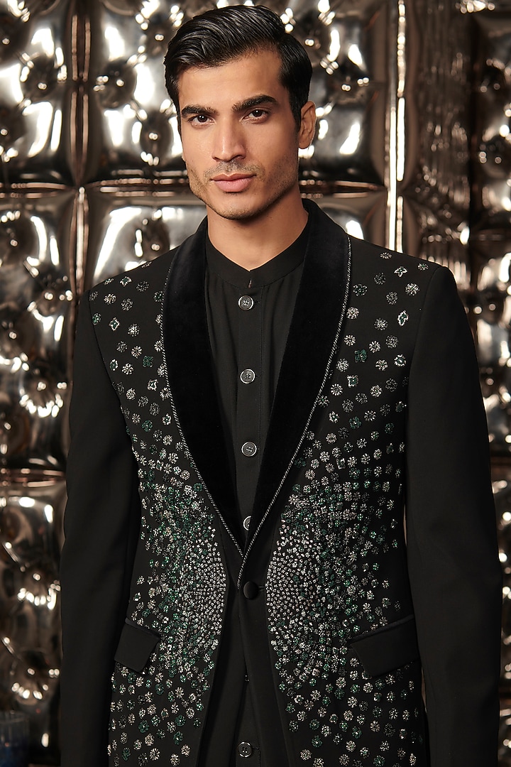 Black & Emerald Embroidered Tuxedo With Kurta Set by Rohit Gandhi & Rahul Khanna Men at Pernia's Pop Up Shop