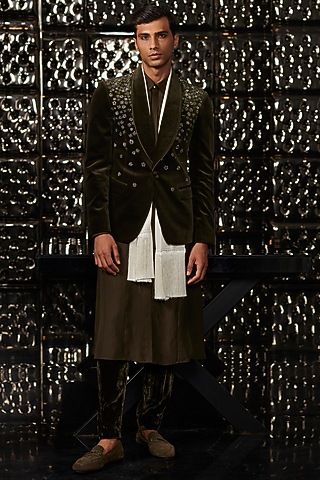 Olive Green Metallic Embroidered Tuxedo Set by Rohit Gandhi & Rahul Khanna Men