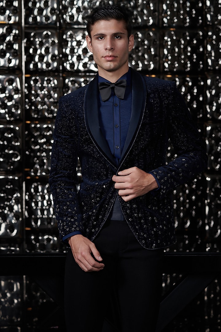 Navy Blue Ombre Embroidered Tuxedo Set by Rohit Gandhi & Rahul Khanna Men